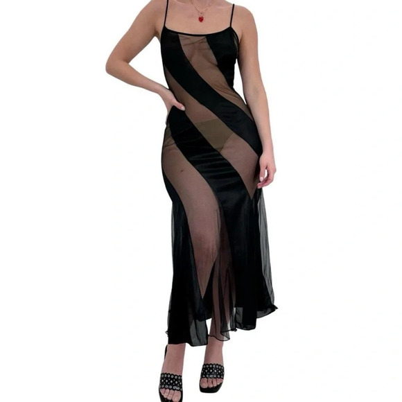 Viral Rare Fredericks of Hollywood Black Panel Sheer Maxi Dress Slip Dress - Picture 2 of 6